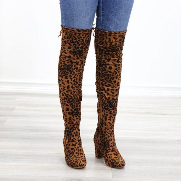 Suede Leopard Thigh High Heeled Boots - Picture 3 of 15